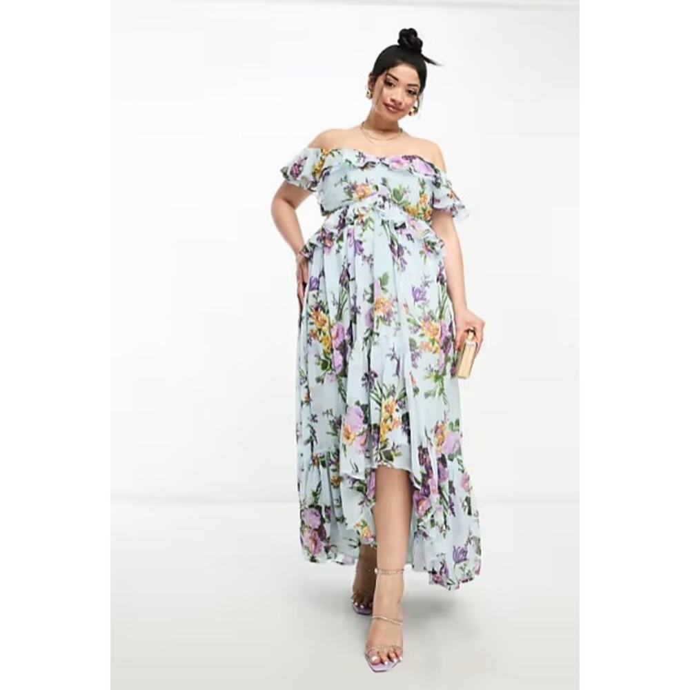 NWT ASOS Curve Ruffle Cut Out High Low Off Shoulder Floral Maxi‎ | Blue | SZ 18